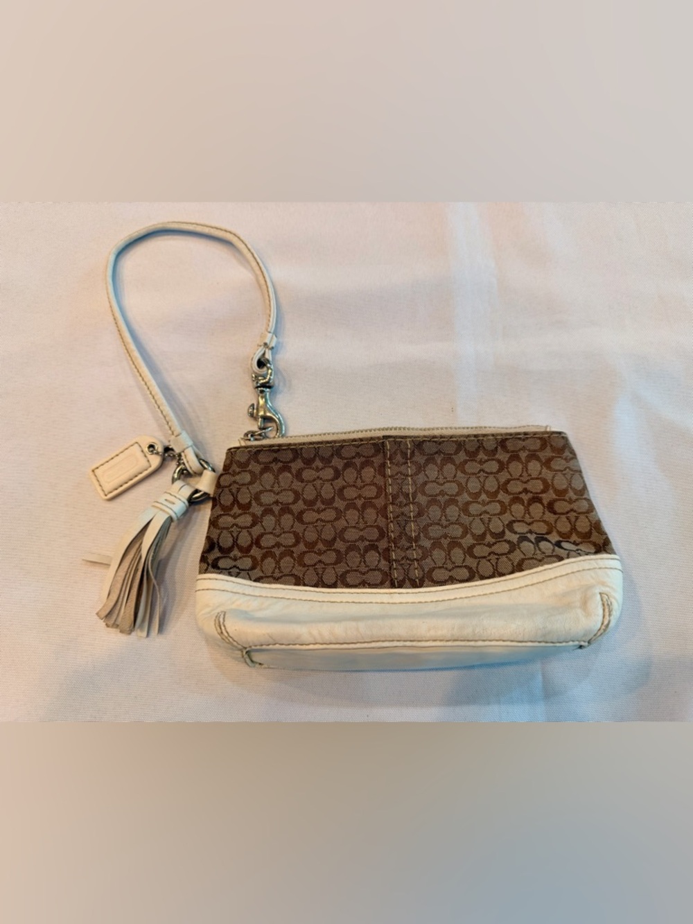 Coach Mini Signature Brown Canvas & White Wristlet Hang Tag Tassel